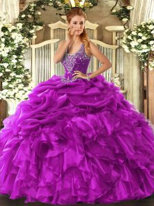 Simple Floor Length Lace Up Ball Gown Prom Dress Fuchsia for Military Ball and Sweet 16 and Quinceanera with Beading and Ruffles and Pick Ups