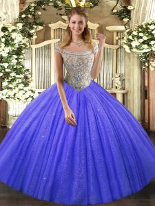 Floor Length Blue Sweet 16 Dresses Tulle and Sequined Sleeveless Beading