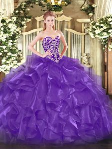 High End Purple Organza Lace Up Sweetheart Sleeveless Floor Length Vestidos de Quinceanera Beading and Ruffles