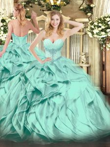 Deluxe Turquoise Sleeveless Floor Length Beading and Ruffles Lace Up Quinceanera Gowns