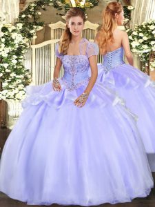 Customized Lavender Organza Lace Up Sweet 16 Dresses Sleeveless Floor Length Appliques