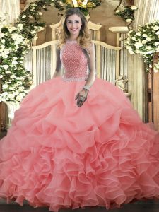 Fantastic Floor Length Ball Gowns Sleeveless Watermelon Red Quince Ball Gowns Lace Up
