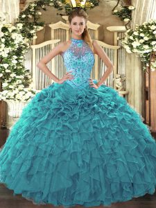Delicate Organza Sleeveless Floor Length 15th Birthday Dress and Beading and Embroidery and Ruffles