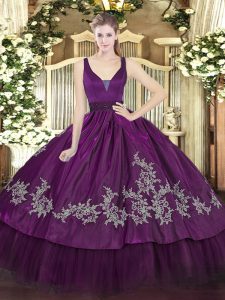 Hot Selling Purple Sleeveless Organza and Taffeta Zipper Quince Ball Gowns for Military Ball and Sweet 16 and Quinceanera