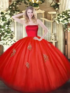 Sexy Sleeveless Floor Length Appliques Zipper Sweet 16 Dress with Red