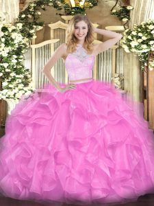 Scoop Sleeveless Quinceanera Gown Floor Length Lace and Ruffles Rose Pink Organza