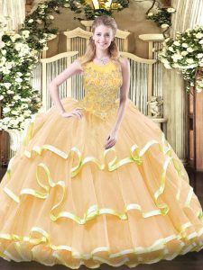 Unique Gold Scoop Zipper Beading and Ruffled Layers 15 Quinceanera Dress Sleeveless