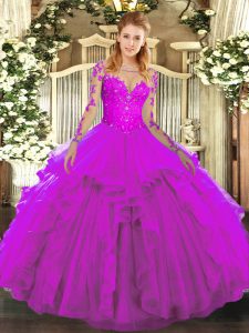 Fuchsia Long Sleeves Floor Length Lace and Ruffles Lace Up Quince Ball Gowns