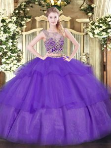 Sexy Purple Sleeveless Beading and Ruffled Layers Floor Length 15 Quinceanera Dress