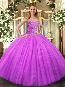 Super Floor Length Lace Up Quinceanera Dress Lilac for Military Ball and Sweet 16 and Quinceanera with Beading
