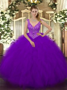 Ball Gowns Quinceanera Gowns Purple V-neck Tulle Sleeveless Floor Length Zipper