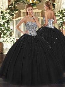 Floor Length Lace Up Quinceanera Gowns Black for Military Ball and Sweet 16 and Quinceanera with Beading