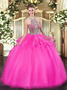 Floor Length Lace Up Vestidos de Quinceanera Hot Pink for Military Ball and Sweet 16 and Quinceanera with Beading and Ruffles