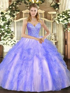 Eye-catching Sleeveless Floor Length Beading and Ruffles Lace Up Quinceanera Dress with Lavender