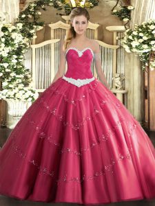 Custom Made Sweetheart Sleeveless Sweet 16 Dresses Floor Length Appliques Hot Pink Tulle