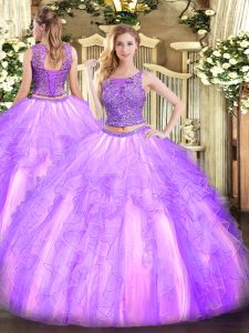 Lavender Tulle Lace Up Scoop Sleeveless Floor Length Sweet 16 Quinceanera Dress Beading and Ruffles