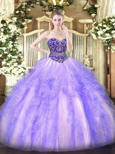 Simple Lavender Ball Gowns Sweetheart Sleeveless Tulle Floor Length Lace Up Beading and Ruffles Quince Ball Gowns