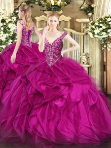 V-neck Sleeveless Ball Gown Prom Dress Floor Length Beading and Ruffles Fuchsia Organza