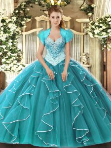 Excellent Floor Length Lace Up Quince Ball Gowns Teal for Military Ball and Sweet 16 and Quinceanera with Beading