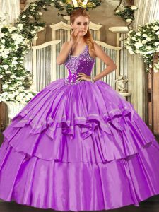 Lilac Lace Up Quinceanera Gown Beading and Ruffled Layers Sleeveless Floor Length