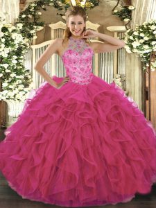 Beauteous Hot Pink Organza Lace Up Vestidos de Quinceanera Sleeveless Floor Length Beading and Embroidery