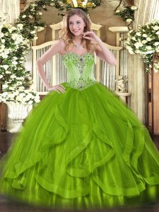 Olive Green Ball Gowns Sweetheart Sleeveless Organza Lace Up Beading and Ruffles Vestidos de Quinceanera