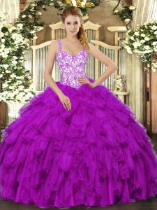 Fashionable Floor Length Fuchsia 15th Birthday Dress Organza Sleeveless Beading and Appliques and Ruffles