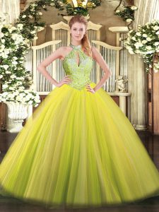 Exceptional Floor Length Lace Up Sweet 16 Dress Yellow Green for Military Ball and Sweet 16 and Quinceanera with Sequins