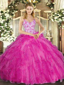 Wonderful Fuchsia Ball Gowns Straps Sleeveless Tulle Floor Length Lace Up Appliques and Ruffles 15 Quinceanera Dress