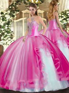 Fuchsia Tulle Lace Up Sweetheart Sleeveless Floor Length Quinceanera Dresses Beading and Ruffles