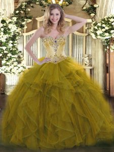 Olive Green Ball Gowns Organza Sweetheart Sleeveless Beading and Ruffles Floor Length Lace Up Quince Ball Gowns