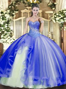 Blue Tulle Lace Up Sweetheart Sleeveless Floor Length Quince Ball Gowns Beading and Ruffles