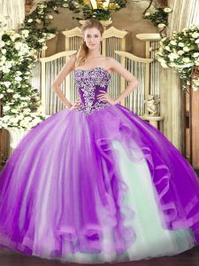 Lavender Lace Up Quinceanera Gowns Beading and Ruffles Sleeveless Floor Length
