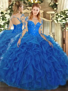 Noble Blue Long Sleeves Lace and Ruffles Floor Length 15th Birthday Dress