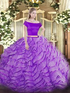 Elegant Brush Train Two Pieces Sweet 16 Quinceanera Dress Lavender Off The Shoulder Tulle Short Sleeves Zipper