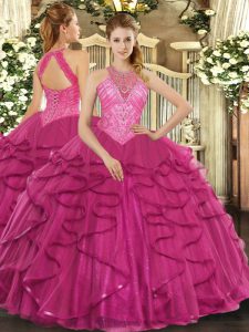 Unique Hot Pink Sweet 16 Dresses Military Ball and Sweet 16 and Quinceanera with Beading and Ruffles High-neck Sleeveless Lace Up