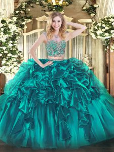 Captivating Teal Organza Lace Up Scoop Sleeveless Floor Length Ball Gown Prom Dress Beading and Ruffles