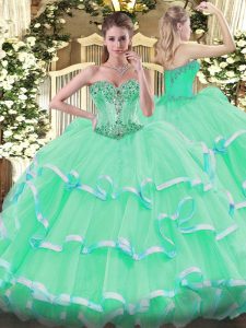 Suitable Apple Green Sleeveless Floor Length Beading and Ruffles Lace Up Sweet 16 Quinceanera Dress