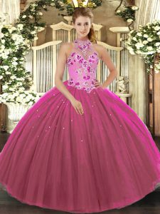 Elegant Fuchsia Ball Gowns Embroidery Vestidos de Quinceanera Lace Up Tulle Sleeveless Floor Length