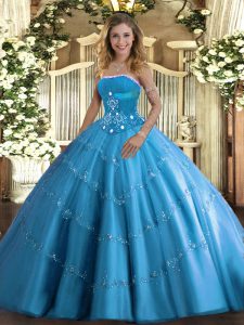Baby Blue Lace Up Strapless Beading and Appliques 15th Birthday Dress Tulle Sleeveless