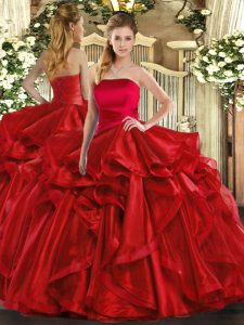Inexpensive Organza Strapless Sleeveless Lace Up Ruffles Sweet 16 Quinceanera Dress in Red