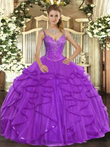 Floor Length Eggplant Purple Quince Ball Gowns Tulle Sleeveless Beading and Ruffles