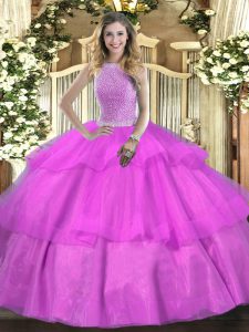 Glittering Ball Gowns Quinceanera Dress Lilac High-neck Tulle Sleeveless Floor Length Lace Up