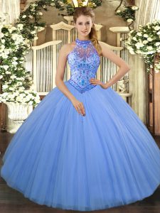 Halter Top Sleeveless Sweet 16 Dress Floor Length Beading and Embroidery Baby Blue Tulle