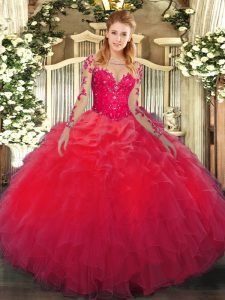 Red Ball Gowns Organza Scoop Long Sleeves Lace and Ruffles Floor Length Lace Up Ball Gown Prom Dress