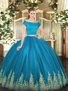Teal Two Pieces Appliques Sweet 16 Dress Zipper Tulle Short Sleeves Floor Length