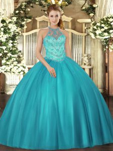 Great Teal Sleeveless Floor Length Beading Lace Up Quince Ball Gowns