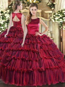 Wine Red Scoop Neckline Ruffled Layers Quinceanera Gown Sleeveless Lace Up