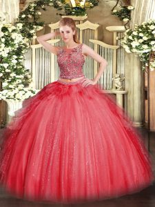 Colorful Scoop Sleeveless Quinceanera Gown Floor Length Beading and Ruffles Coral Red Tulle