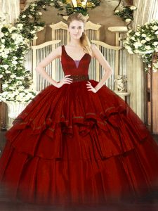 Luxury Sleeveless Organza Floor Length Zipper Sweet 16 Quinceanera Dress in Wine Red with Beading and Ruffled Layers